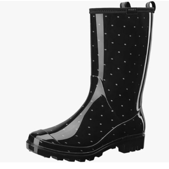 NEW Hisea Rain Boot Womens Mid Calf Polka Dot Navy Fabric Inside Size 6 - Picture 3 of 7